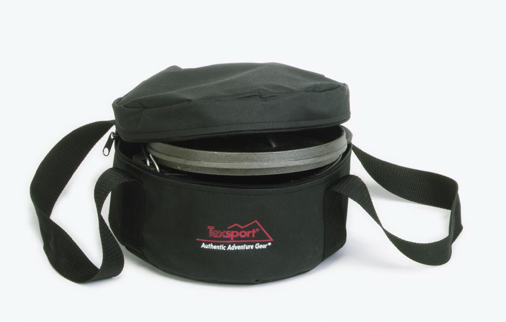 Dutch Oven Carry/Storage Case Made of rugged waterproof polyester material Sturdy web handles and zippered top opening Foam padded bottom for maximum