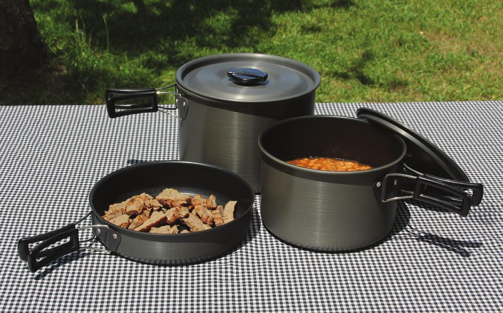 Ice Hard Anodized Cook Set Set nests together containing: 7 fry pan with folding stay cool wire handles, 1 qt.