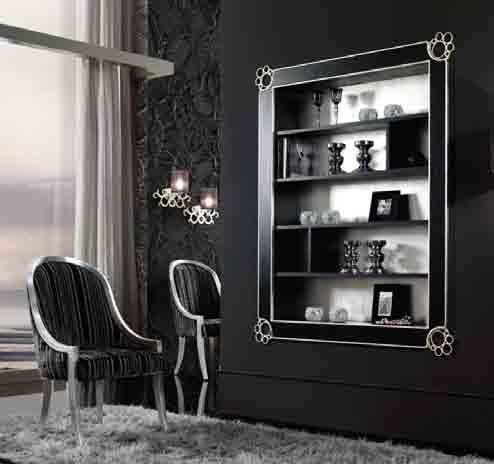 Above, book shelf in Roble Negro combined with silver leaf details for highly sophisticated atmospheres.