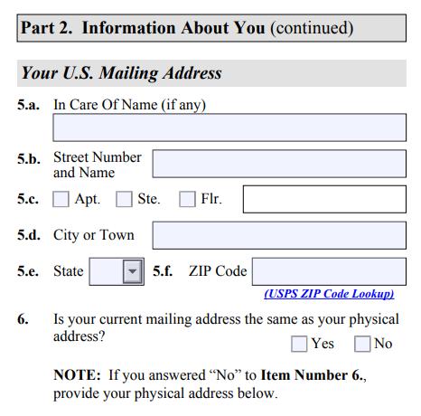 If you are using your own address, do not write a name in 5.a., and check Yes for 6.