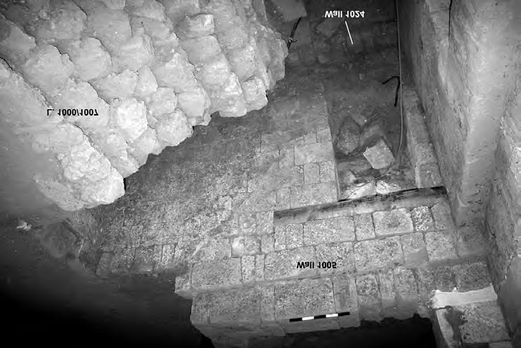 224 NOTES AND NEWS Fig. 4. Probe 1 at end of excavation; note discolouration of Wall 1005, showing location of debris below L.