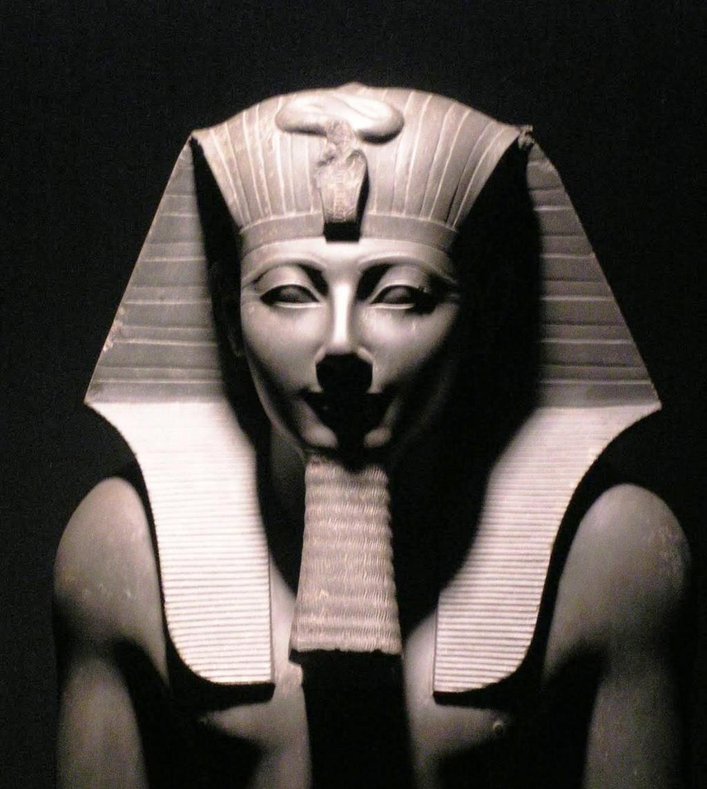 Sculpture representation of Hatshepsut wearing a false beard Around 1350 BC, the stability of the New Kingdom seemed threatened further when Amenhotep IV ascended the throne and