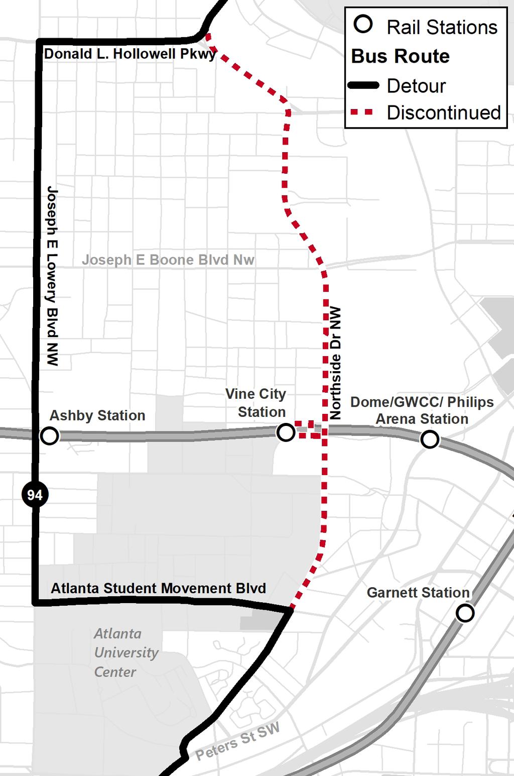 Route 94 - Northside Dr DETOUR INFORMATION - February 2 & 3, 2019 Route 94 will be detoured away from Northside Dr between Atlanta Student Movement Blvd and Donald L. Hollowell Pkwy.