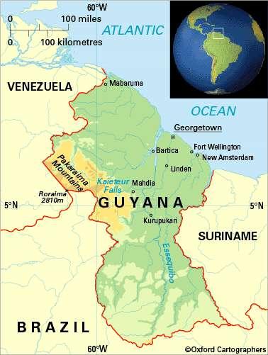 Guyana Region: Caribbean South America Capital: Georgetown Landform: Guiana Highlands Much of Guyana is covered by the rain forest Body of Water: Atlantic Ocean Climate: Warm