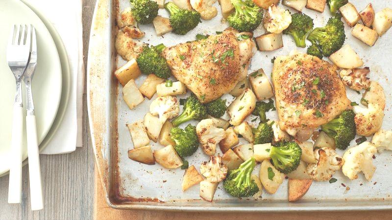 Roasted Chicken and Vegetables Ingredients (cooking for 2) 1 medium unpeeled potato, cut in 1" pieces 1 C cauliflower florets 1 T butter, melted 1/8 t ground red pepper cayenne) 1 C large broccoli