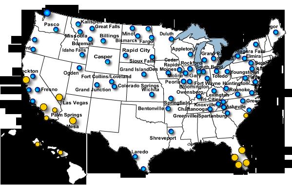 Nationwide footprint Yellow dots leisure destinations Blue