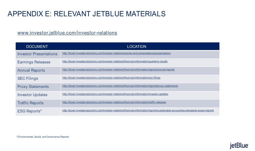 APPENDIX E: RELEVANT JETBLUE MATERIALS www.investor.jetblue.com/investor-relations DOCUMENT LOCATION Investor Presentations http://blueir.investproductions.