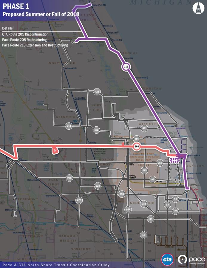 Phase 1 Summer/Fall 2018 Changes to Routes 205 (CTA), 208 (Pace), and 213 (Pace)