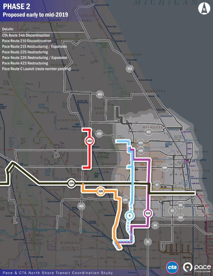 Phase 2 Early/Mid 2019 (tentative) Changes to Routes 54A (CTA), 210 (Pace), 215 (Pace), 225 (Pace), 226 (Pace), 423 (Pace) Launch Pace