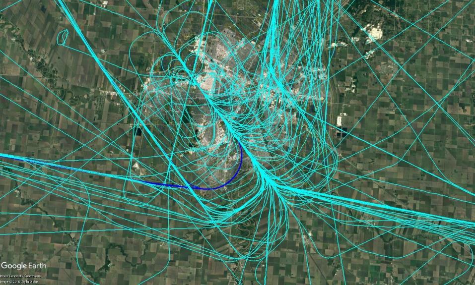 The turquoise lines show all non- RNP flight tracks while the blue represents those flight tracks where an RNP AR approach was utilized.