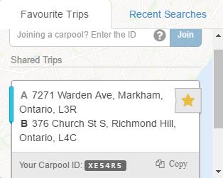 Joining a Carpool If a user would like to join a carpool, they will require a Carpool ID (ex. XE54R5) which can be found on the dashboard under Favourite Trips.