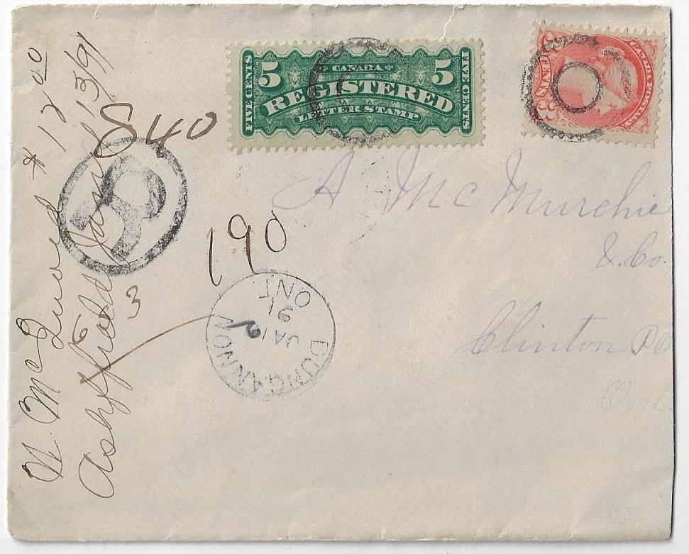 00 Item 322-16 Dungannon Ont (Huron) 1891, 3 SQ, 5 RLS tied by fancy cancel on