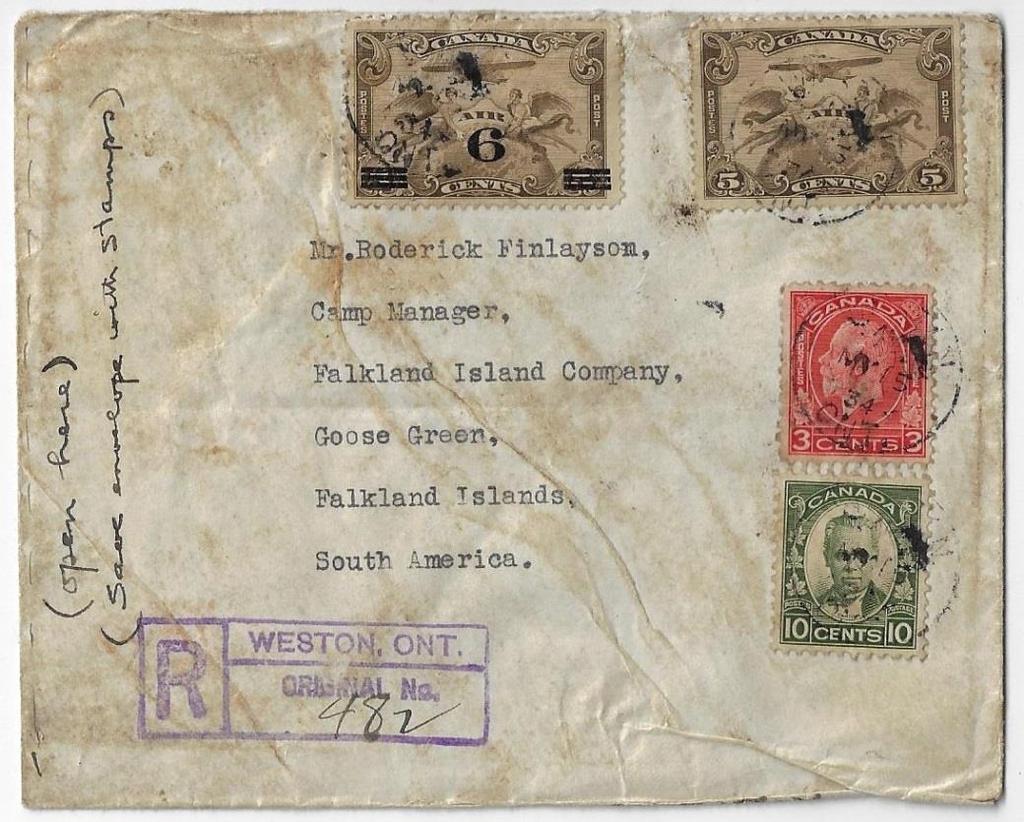 Item 322-22 Registered cover to Falkland Islands 1934, 3 Medallion, 10 Cartier, 5 and 6 Airmail tied by Weston Ont cds