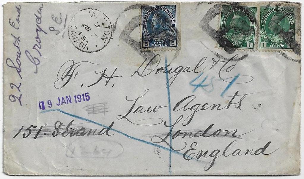 Item 322-23 7 Empire registered to England 1915, 1 (2), 5 Admiral tied by large oval registered cancel on