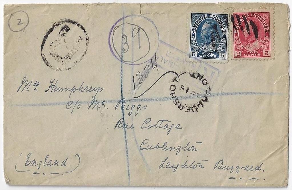 00 Item 322-24 7 Empire registered to England 1914, 2, 5 Admiral tied by grid cancel on cover from Aldershot