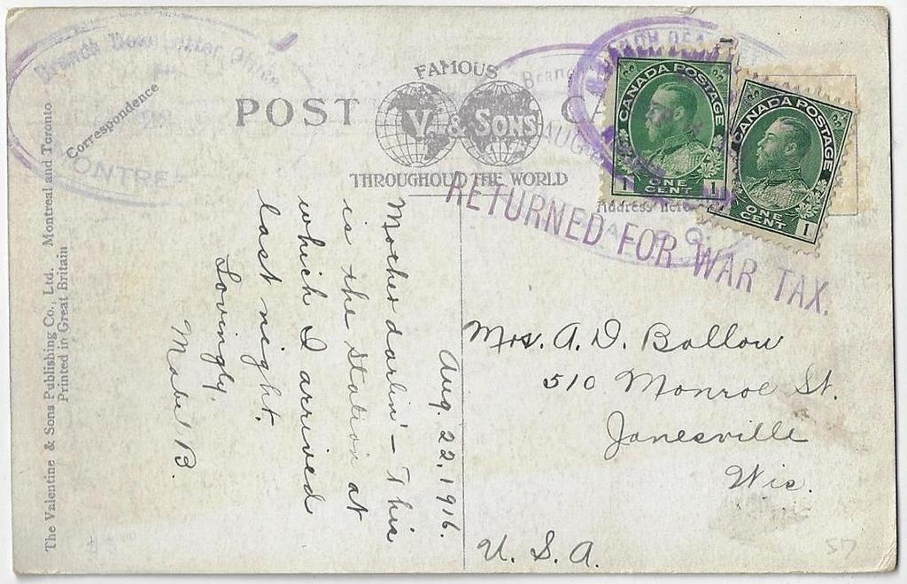 Item 322-29 Returned for Wartax 1916, 1 Admiral on Montreal postcard to Wisconsin.