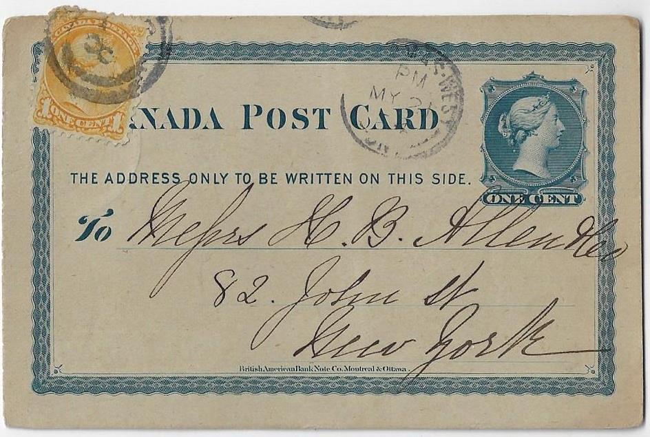 Item 322-02 2 postcard rate to US 1874, 1 SQ (Sc 35d, perf 11½x12) tied by 2-Ring-58 on 1 stationery