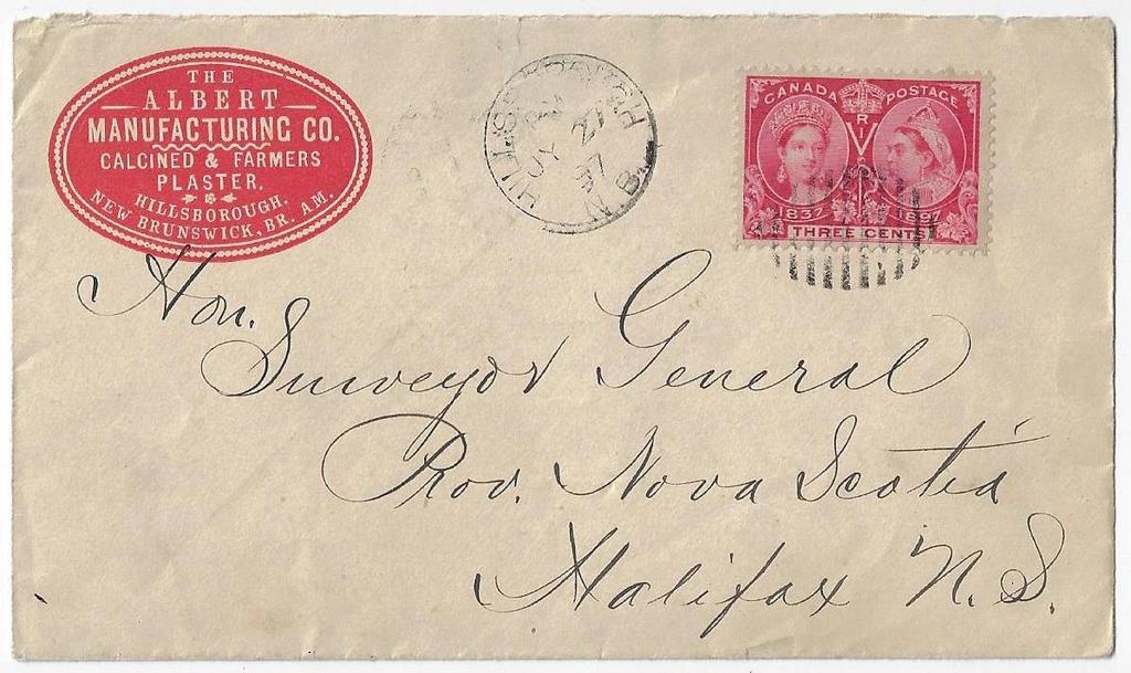 00 SOLD Item 322-09 Hillsborough NB Jubilee advertising 1897, 3 Jubilee tied by oval grid cancel from