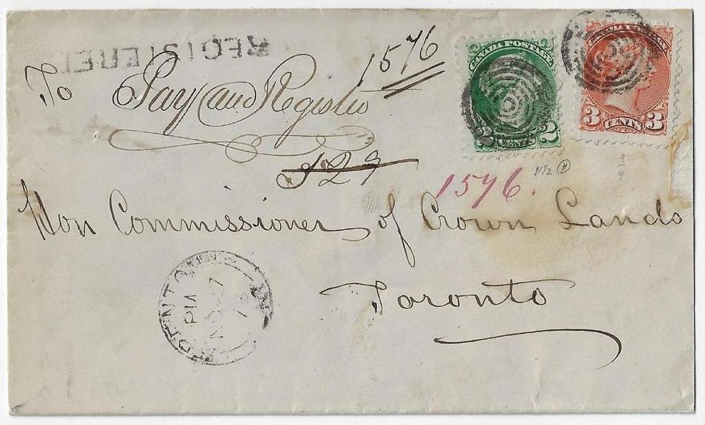 Item 322-10 Trenton Ont registered 1873, 2 (Sc 36e perf 11½) 3 SQ tied by target cancel on cover from
