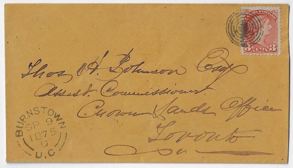 00 Item 322-11 Burnstown UC (Renfrew) 1875, 3 SQ tied by target cancel on cover from Burnstown UC (Renfrew