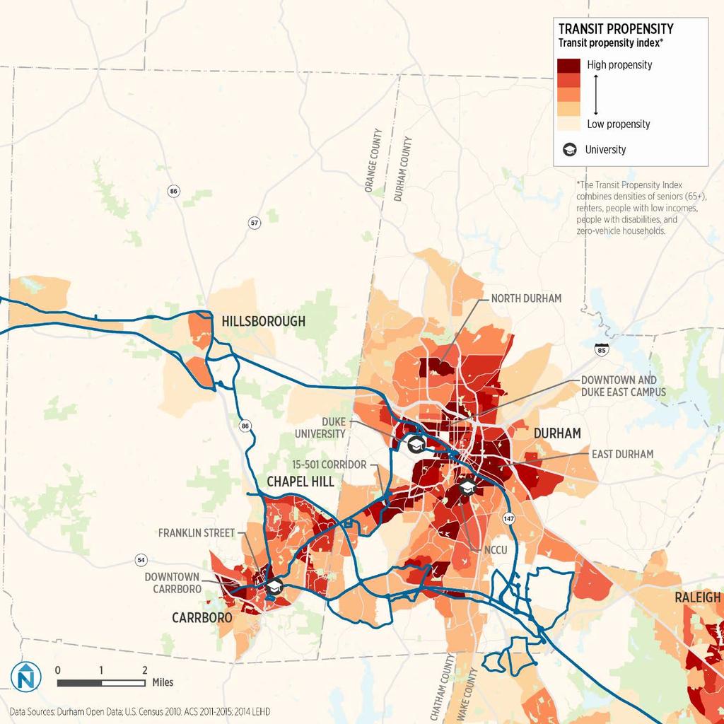 SHORT-RANGE TRANSIT PLAN Figure 2-15 Transit Propensity Index Key findings from the TPI analysis include: GoTriangle does a good job serving some areas with high transit propensity across the region.