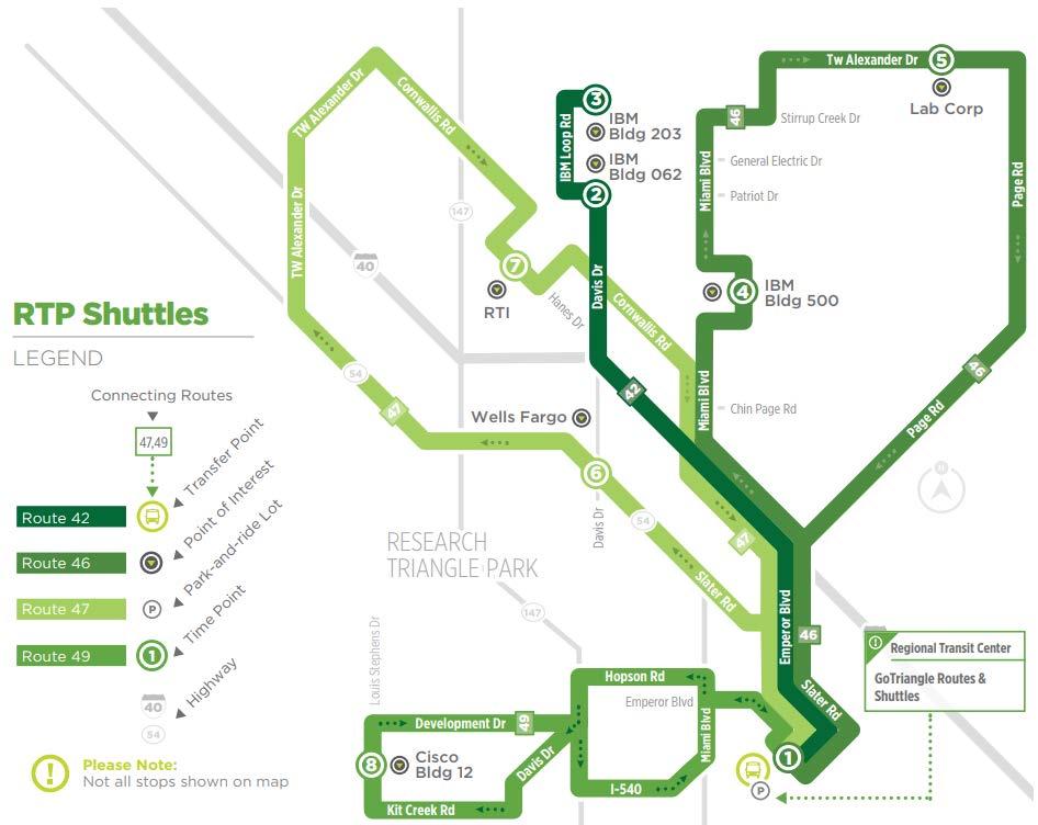 SHORT-RANGE TRANSIT PLAN ROUTE 42/46/47/49 Routes 42, 46, 47, and 49 were shuttle routes that provided connections between the GoTriangle Regional Transit Center (RTC) and Research Triangle Park