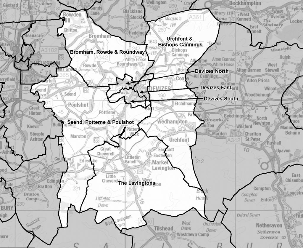 Devizes Division name councillors Variance 2024 Bromham, Rowde & Roundway 1-1% Devizes East 1 5% Devizes North 1-10% Devizes South 1-2% Seend, Potterne & Poulshot 1-10% The Lavingtons 1-7% Urchfont &