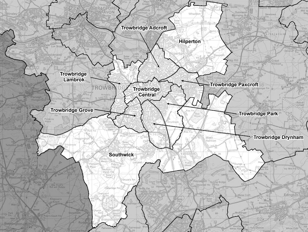Trowbridge Division name councillors Variance 2024 Hilperton 1-7% Southwick 1-10% Trowbridge Adcroft 1 0% Trowbridge Central 1 7% Trowbridge Drynham 1-2% Trowbridge Grove 1 1% Trowbridge Lambrok 1 0%