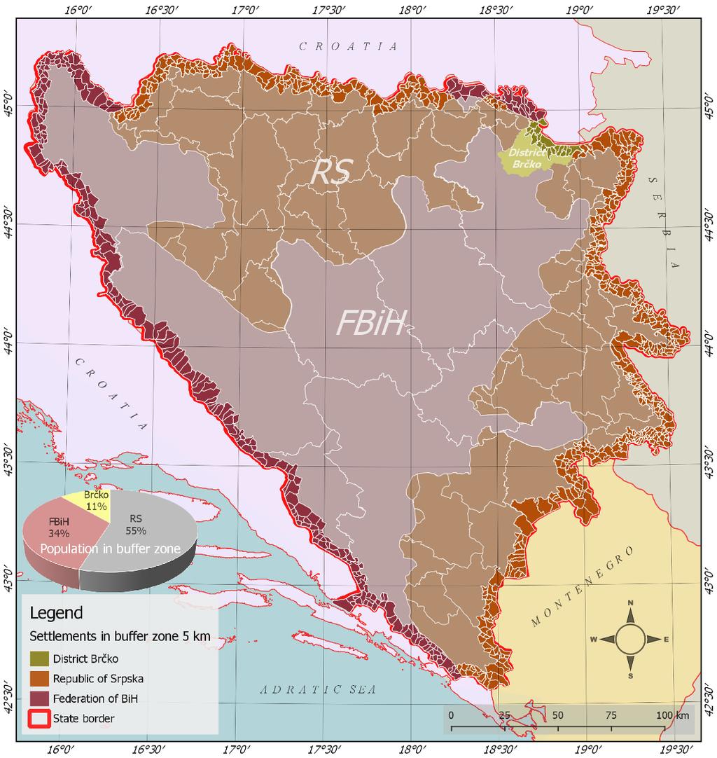 Socio-economic geography The total surface of the border area is 7,245 km 2 which amounts about 14.2% of the territory of Bosnia and Herzegovina (Table 1 Authors, [10]).