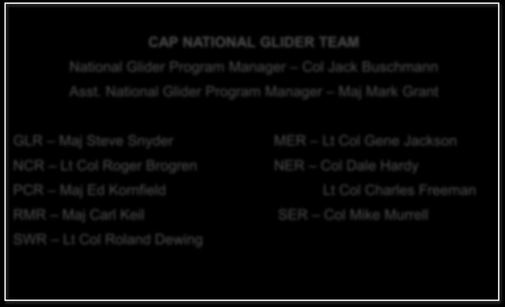 CAP NATIONAL GLIDER TEAM National Glider Program Manager Col Jack Buschmann Asst.