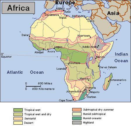 Climate and Vegetation Almost all of Africa lies in the tropics, though Africa has five