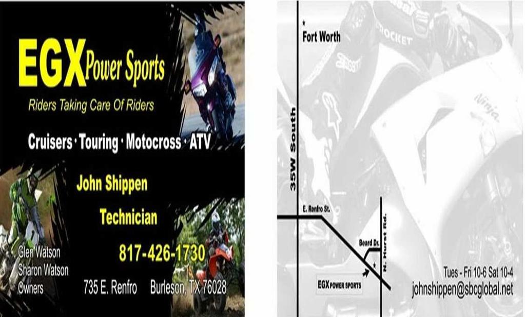 11 Please welcome a new GWRRA TX-P sponsor! We are excited to welome EGX Power Sports of Burleson.