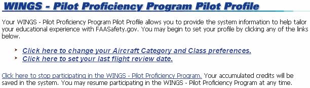 Then set your WINGS - Pilot Proficiency Program pilot profile and you are off.