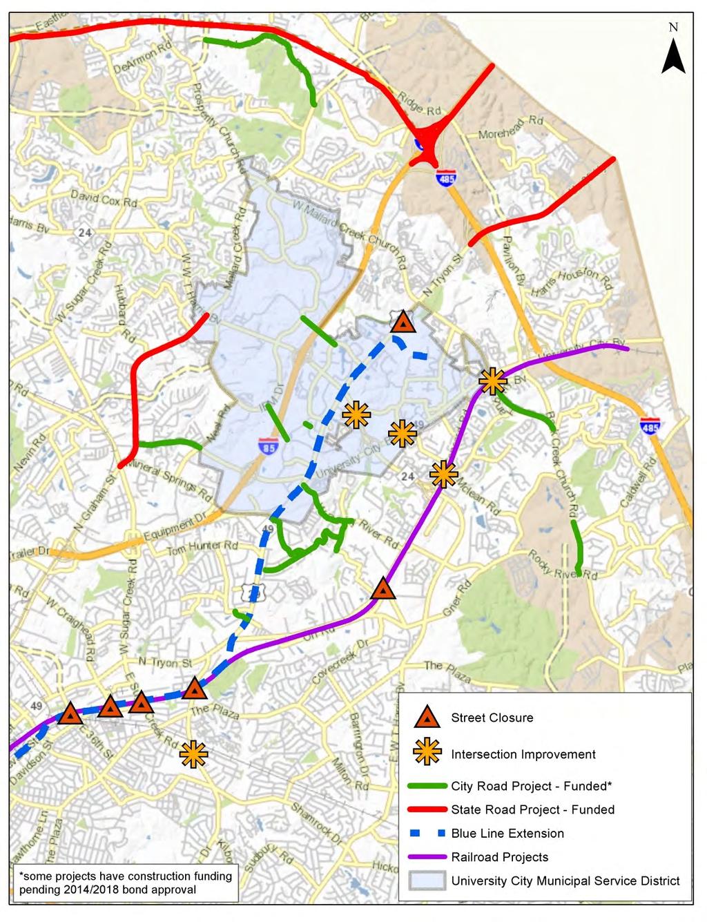 Street Closures Related to Rail & BLE Construction Grier Road grade separation North Tryon Street bridge replacement over Mallard Creek Eastway Drive bridge closure Sugar Creek Road closure 36 th