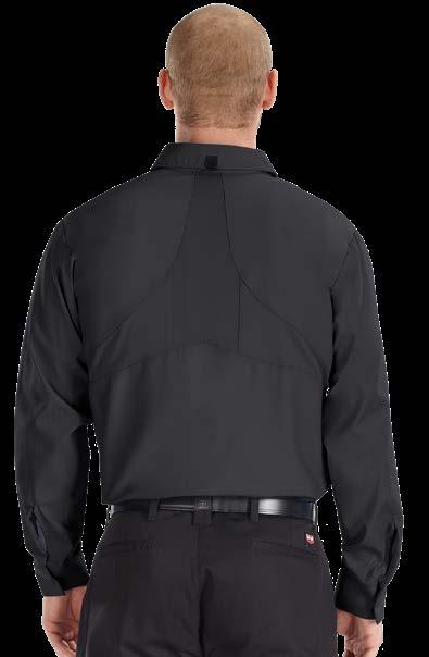 Seven-button front, two-button hex-style chest pockets, melamine break-resistant buttons, and a left pencil