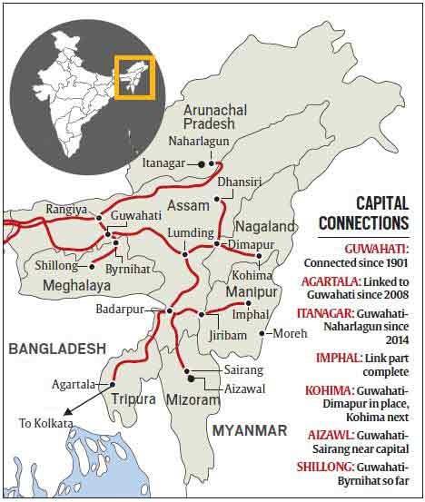 Railways making extensive progress in India s Northeast, opening opportunities for India-CLMV-T rail Connectivity Connect all state capitals in Northeast India with railways Recently, Mizoram and