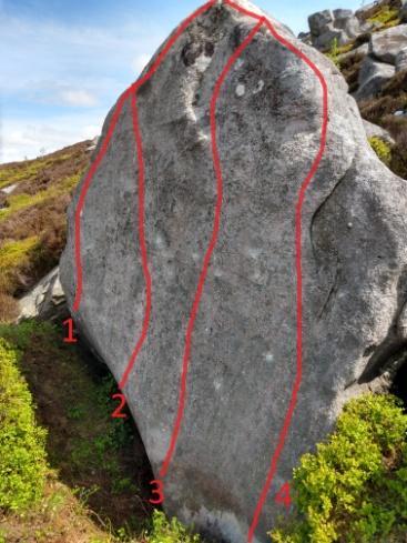 The first boulder(s) described lies at the foot of that ground just above the flatter area that lies below the crag.