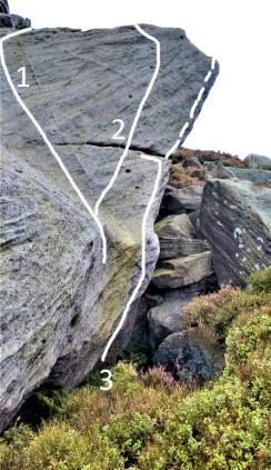 3a/ Take the Ride E5 6a (Font 6a+ with many mats and spotters) ** Follow Buy the Ticket and continue up the hanging arête with some trepidation avoiding the temptation to step off onto the jutting
