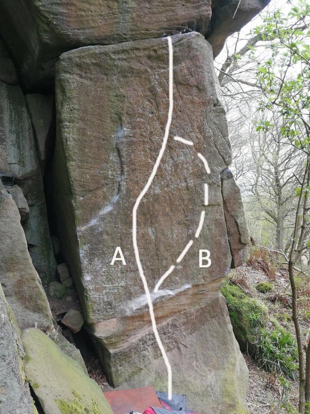 Out to lip, left to the arête and up before stepping back right to finish 2/ Strongbow Start 5+ * Gain the hanging green ramp and traverse the horizontal crack to the ledge above Clatterjack 1/ The