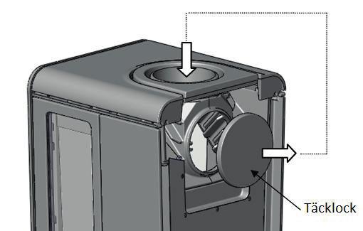 If outdoor air is to be connected from below, the cover plate on the bottom plate has to be removed and the 100-63 mm reduction piece installed before the stove is put
