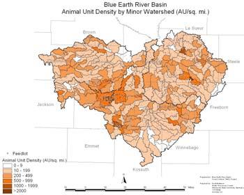 Livestock Blue Earth River Basin Livestock (% Total) Sheep 0.2% Chicken Turkey 1.1% 1.8% Dairy 5.4% Beef 13.3% Swine 78.