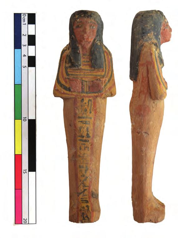 Only a few scattered amulets, one painted wooden shabti, and one carnelian hair-ring, which might belong to the original Ramesside burial equipment, have been found in the lowest layer.