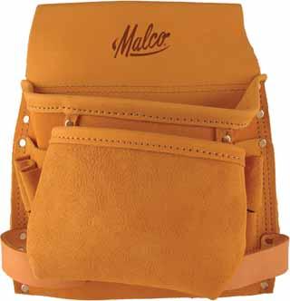 chrome tanned, suede split leather with Velcro closure, clips to belt or tape measure clip. 4-1 2 x 5-1 2 (114 x 140 mm). 5-POCKET NAIL BAG AND TOOL POUCH: Heavy 5-1/2 oz.