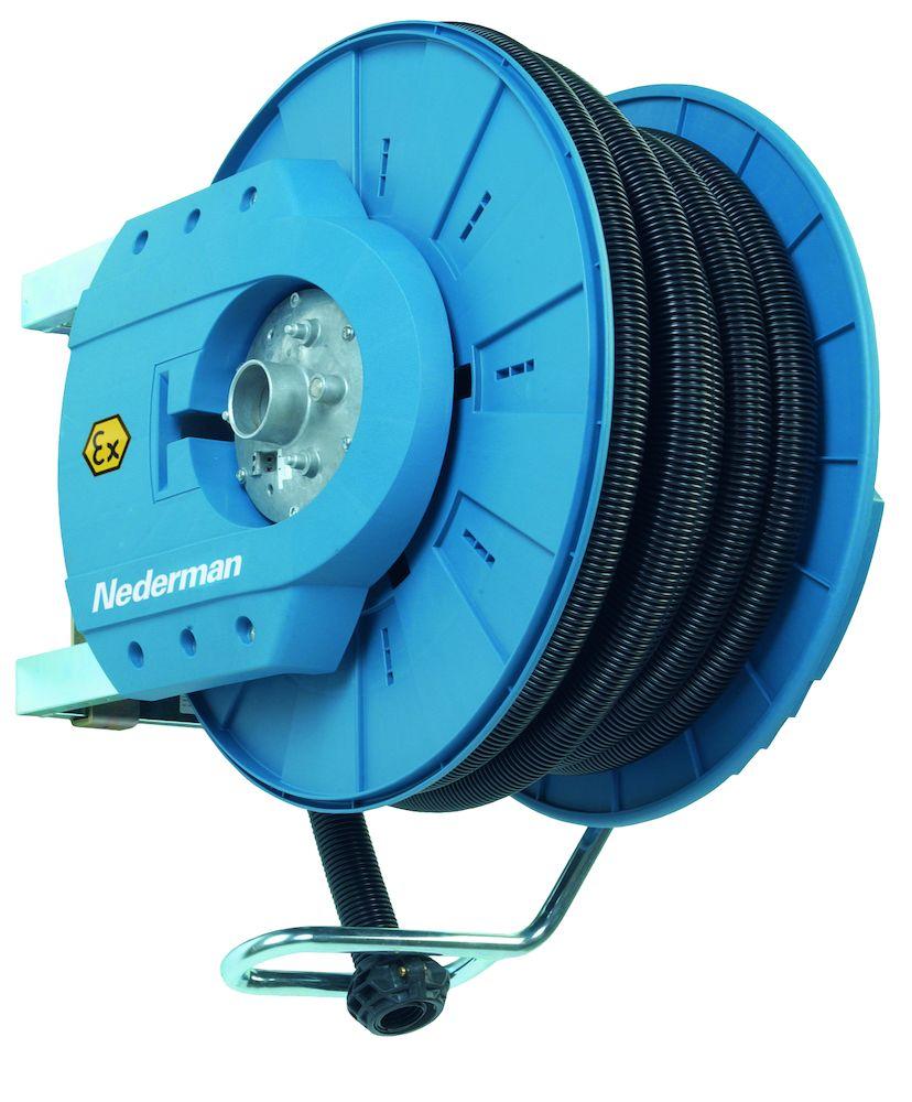 ATEX approved vacuum hose reel suitable for cleaning combustible dust.