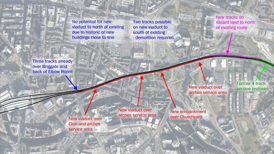 5.3 The existing viaduct from Leeds City station to Manor Road already creates significant severance through the city centre but, in most places, there is space for an independent new two-track