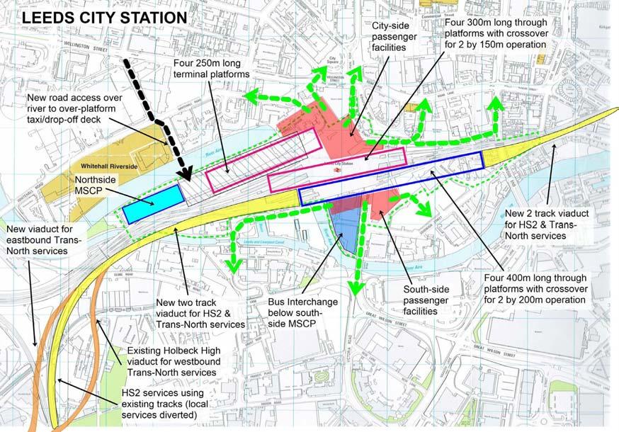6.4 Key features of a station suitable for such a scheme are shown in Figure 5 and include: HS2 lines utilising the existing link through Holbeck (local trains would be removed to the Aire Valley