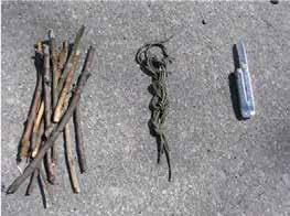 together (these are also called half shelters or utility sheets). Three metres of twine or thin rope. Several pegs or small twigs. Spade or small shovel. Knife or scissors. Note.