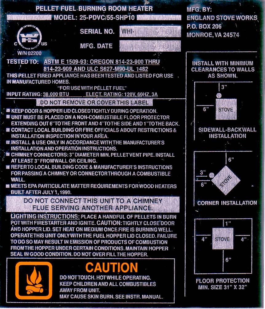 You may write your unit s Manufacture Date and Serial Number in the blank spaces on this sample tag, for future reference. This sample tag also shows the safety info.