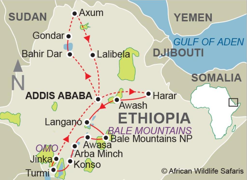 Tour Itinerary Map & Overview Day 1- Depart Adelaide Day 2- Addis Ababa Day 3 - Addis Ababa Day 4- Bahir Dar Day 5 Gondar Day 6 Simien Mountains Day 7- Simien Mountains Day 8- Gondar Day 9 Axum Day