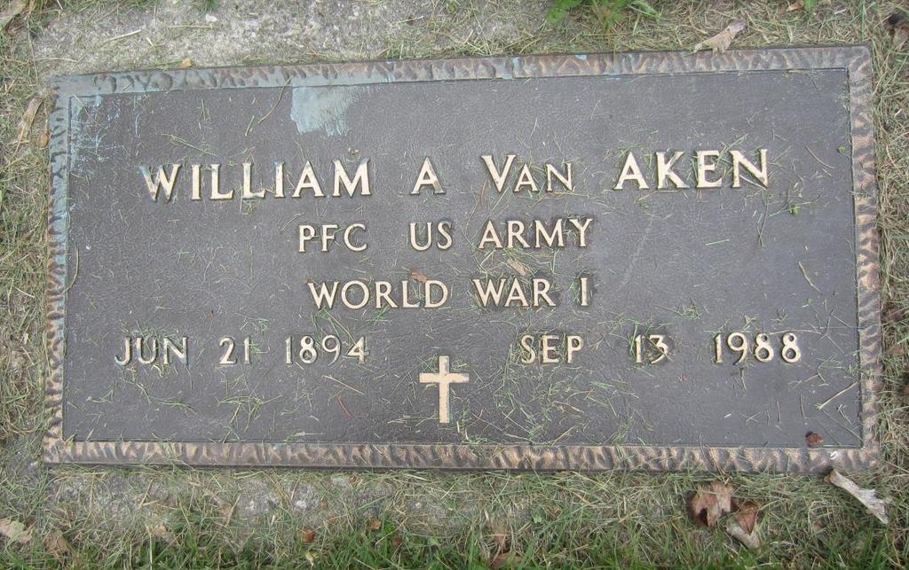 Van Aken, William A. East Bloomfield Cemetery (North) Village of Bloomfield Area Deaths. Van Aken, William A.
